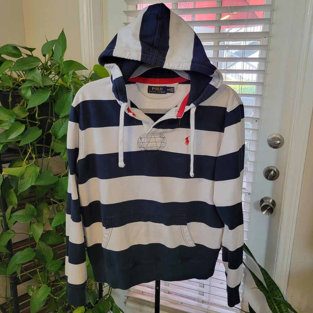 Polo Ralph Lauren Mens Striped Rugby Hoodie Navy Blue White Size M